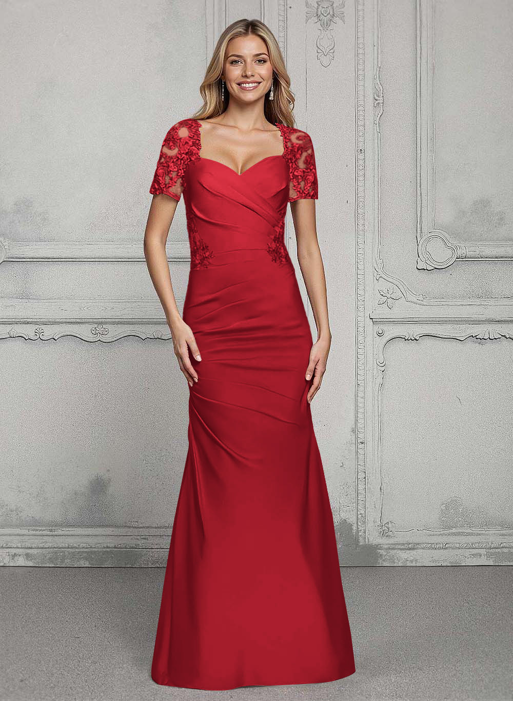 V-Neck Short Sleeves Satin Mother Of The Bride Dresses With Lace