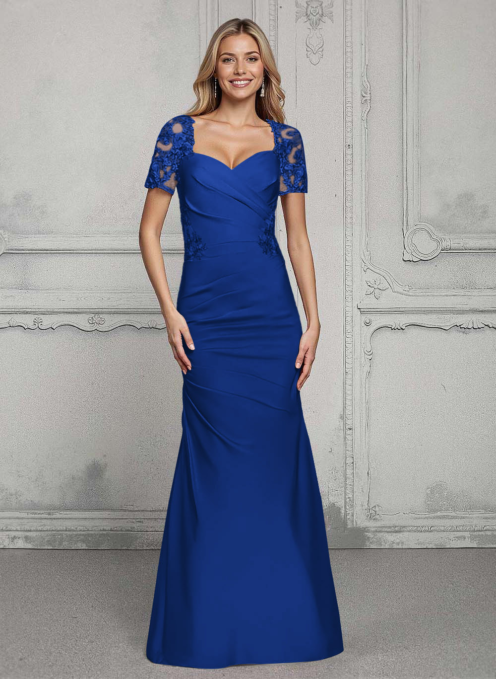 V-Neck Short Sleeves Satin Mother Of The Bride Dresses With Lace