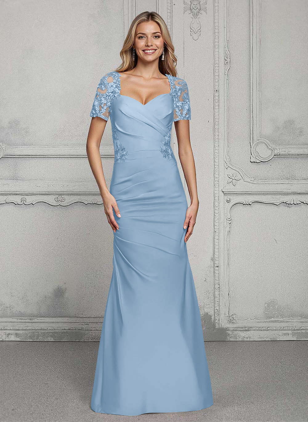 V-Neck Short Sleeves Satin Mother Of The Bride Dresses With Lace