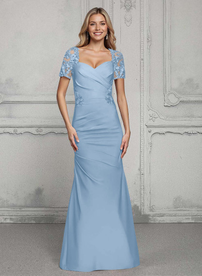 V-Neck Short Sleeves Satin Mother Of The Bride Dresses With Lace