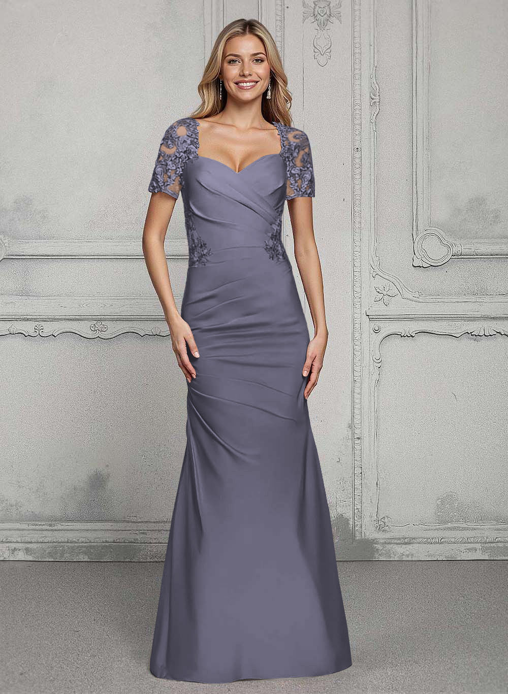 V-Neck Short Sleeves Satin Mother Of The Bride Dresses With Lace