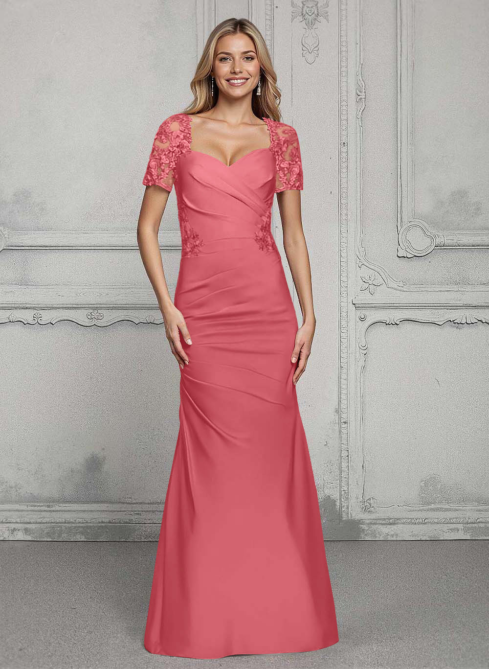 V-Neck Short Sleeves Satin Mother Of The Bride Dresses With Lace