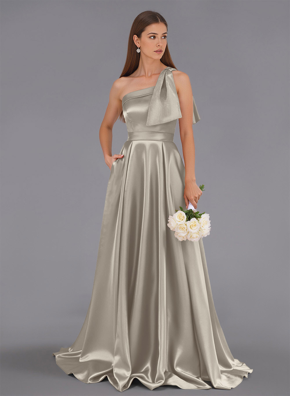 Classy Bow(s) One-Shoulder A-Line Sweep Train Satin Bridesmaid Dresses With Pockets, product image 16