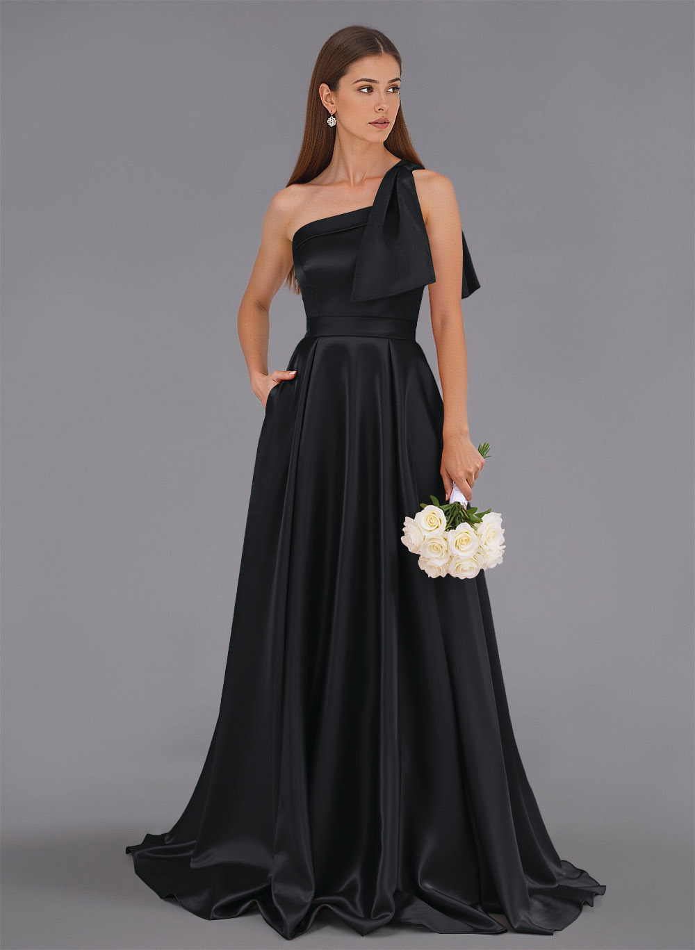 Classy Bow(s) One-Shoulder A-Line Sweep Train Satin Bridesmaid Dresses With Pockets, product image 24