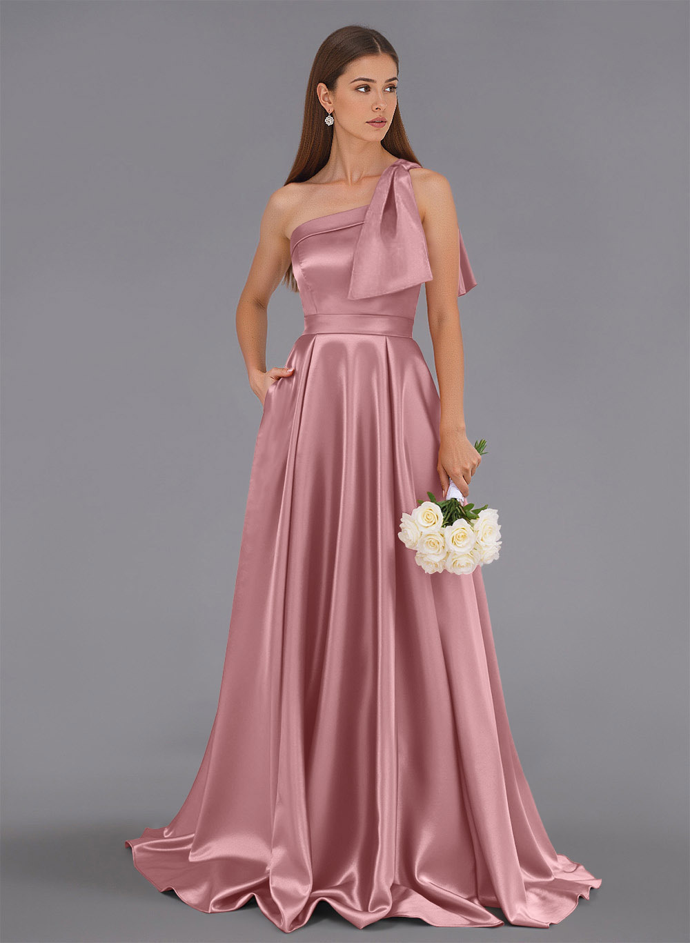 Classy Bow(s) One-Shoulder A-Line Sweep Train Satin Bridesmaid Dresses With Pockets, product image 94