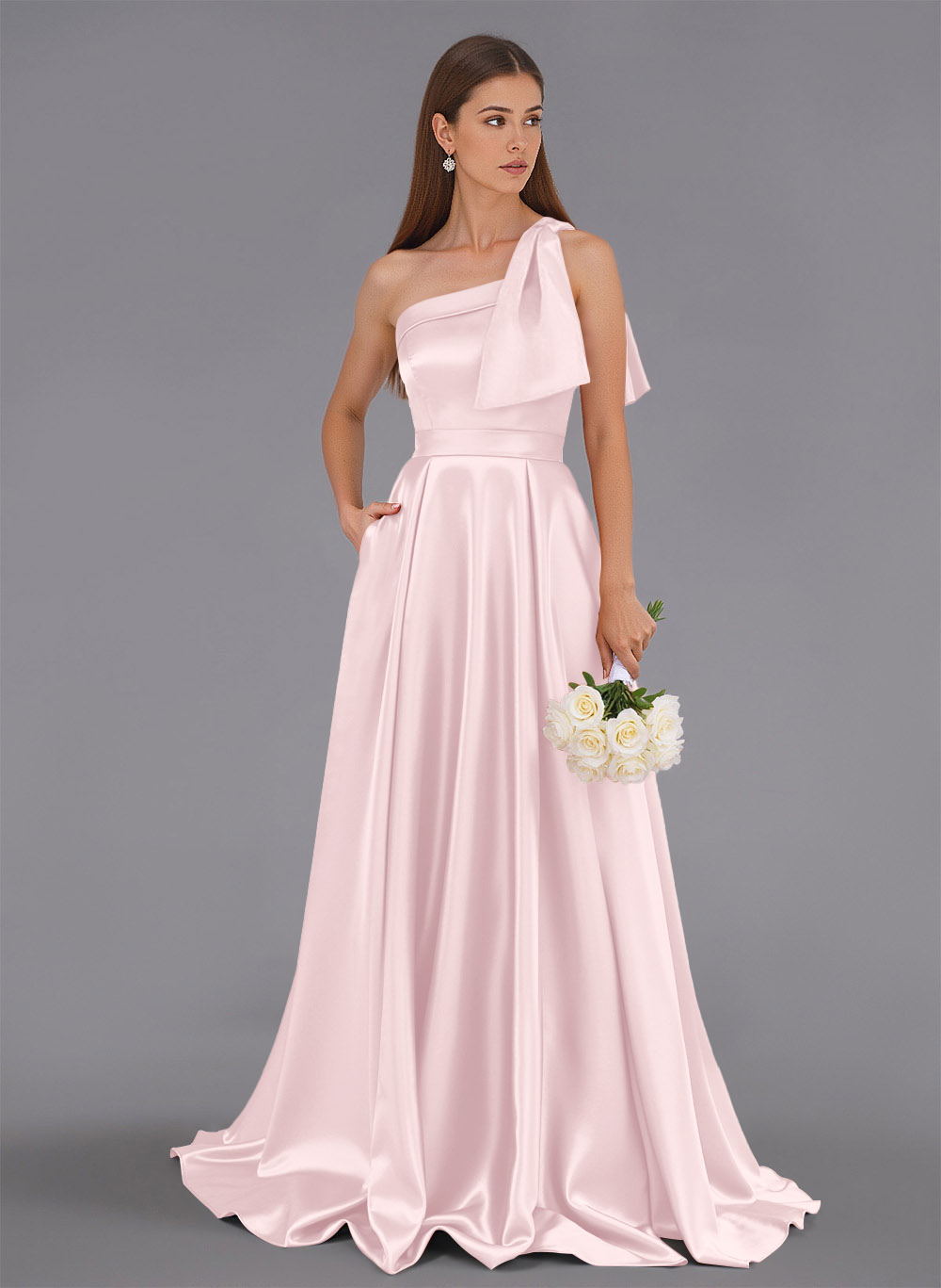 Classy Bow(s) One-Shoulder A-Line Sweep Train Satin Bridesmaid Dresses With Pockets, product image 88