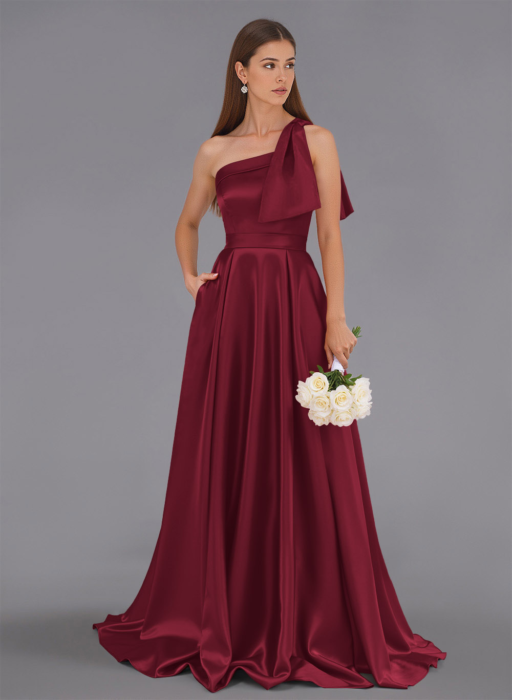 Classy Bow(s) One-Shoulder A-Line Sweep Train Satin Bridesmaid Dresses With Pockets, product image 110