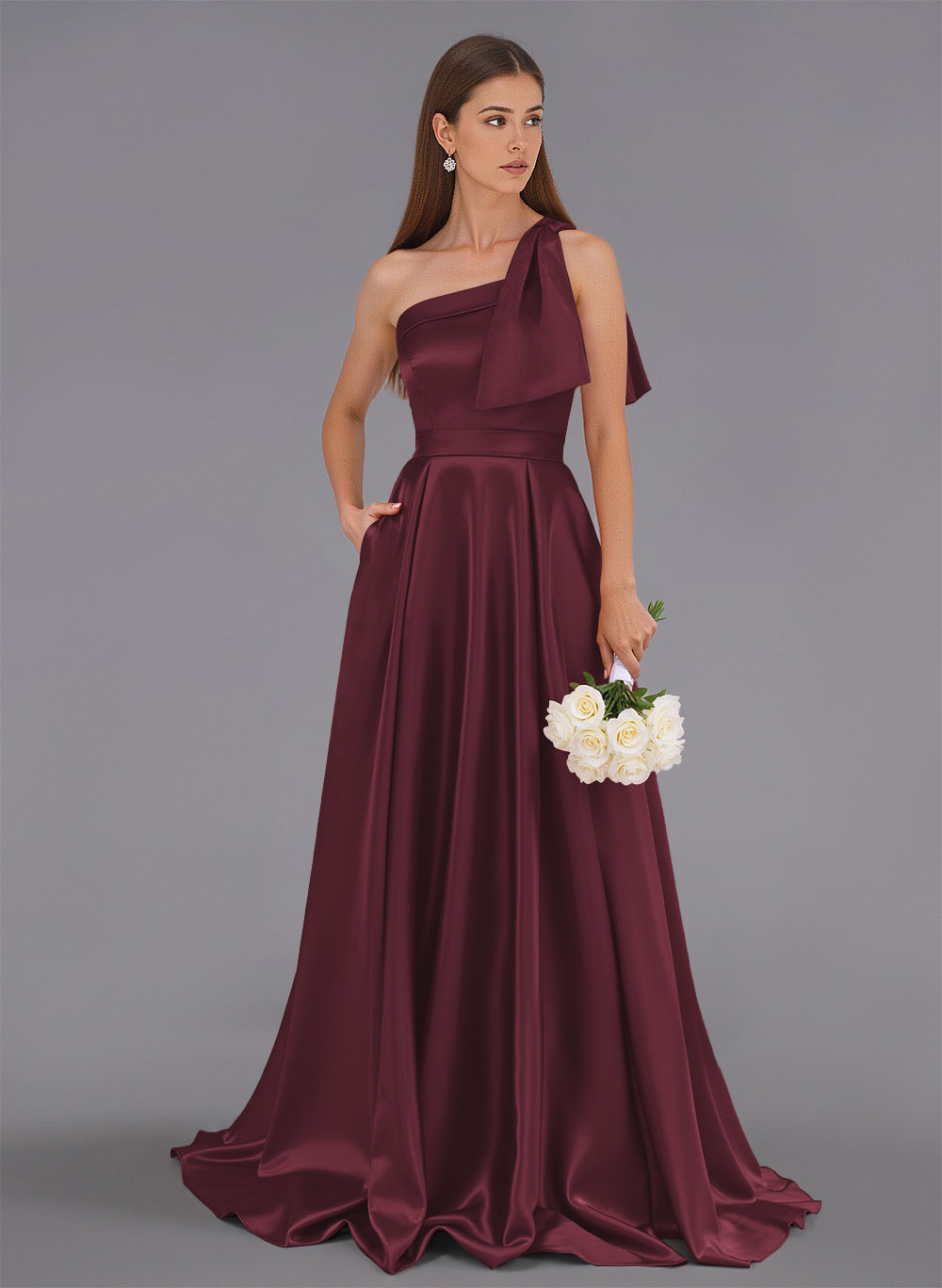 Classy Bow(s) One-Shoulder A-Line Sweep Train Satin Bridesmaid Dresses With Pockets, product image 112