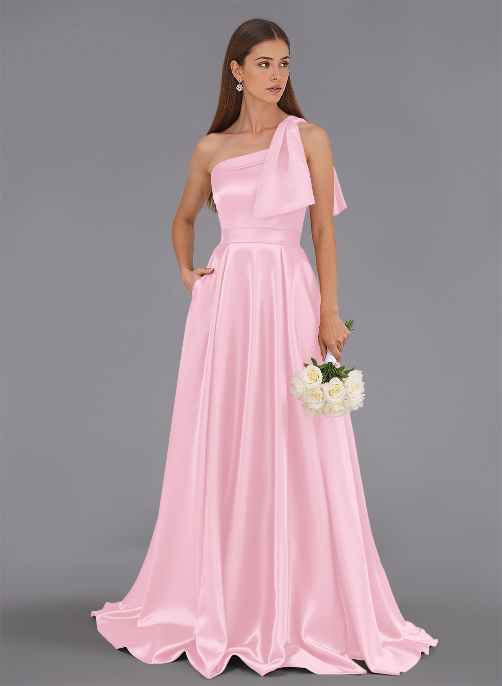 Classy Bow(s) One-Shoulder A-Line Sweep Train Satin Bridesmaid Dresses With Pockets, product image 86