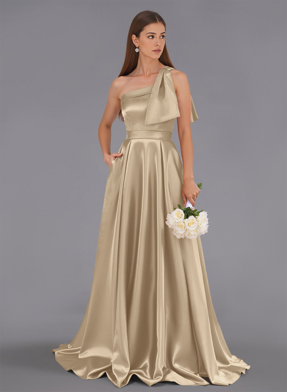 Classy Bow(s) One-Shoulder A-Line Sweep Train Satin Bridesmaid Dresses With Pockets, product image 46