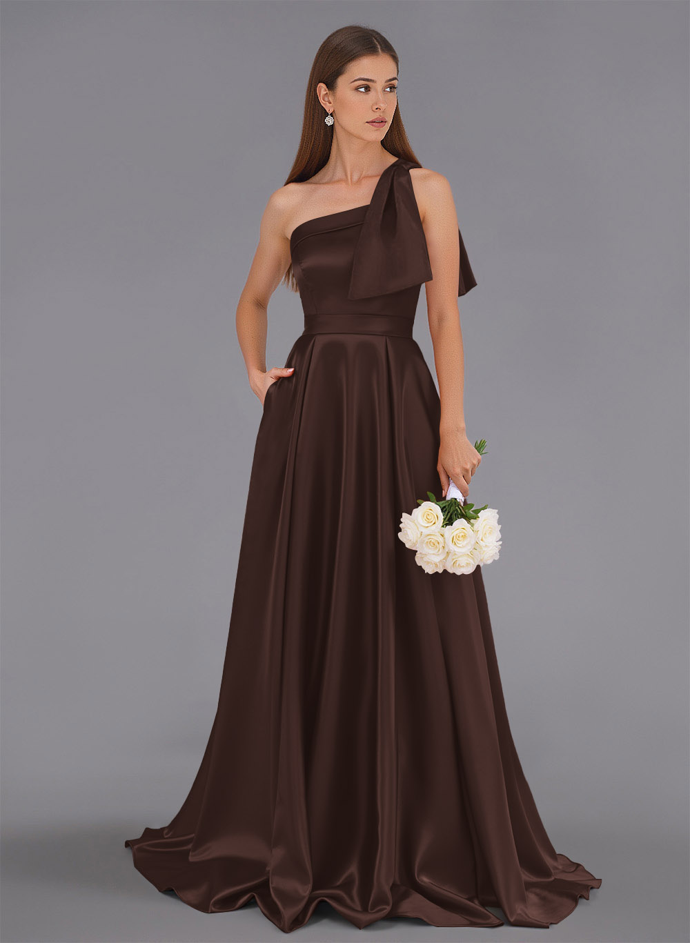 Classy Bow(s) One-Shoulder A-Line Sweep Train Satin Bridesmaid Dresses With Pockets, product image 34