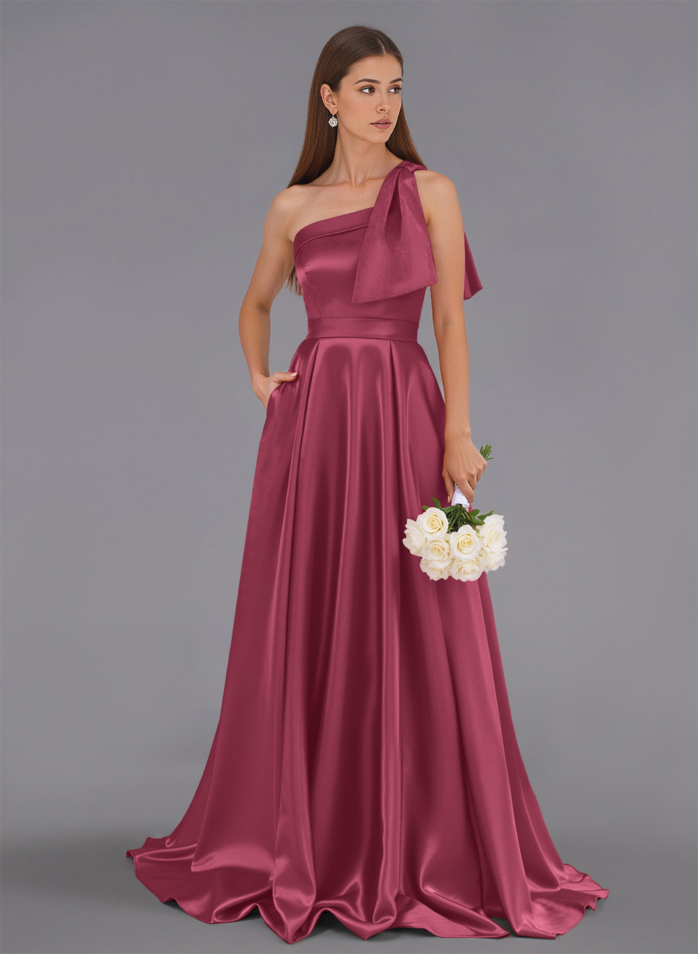 Classy Bow(s) One-Shoulder A-Line Sweep Train Satin Bridesmaid Dresses With Pockets, product image 108