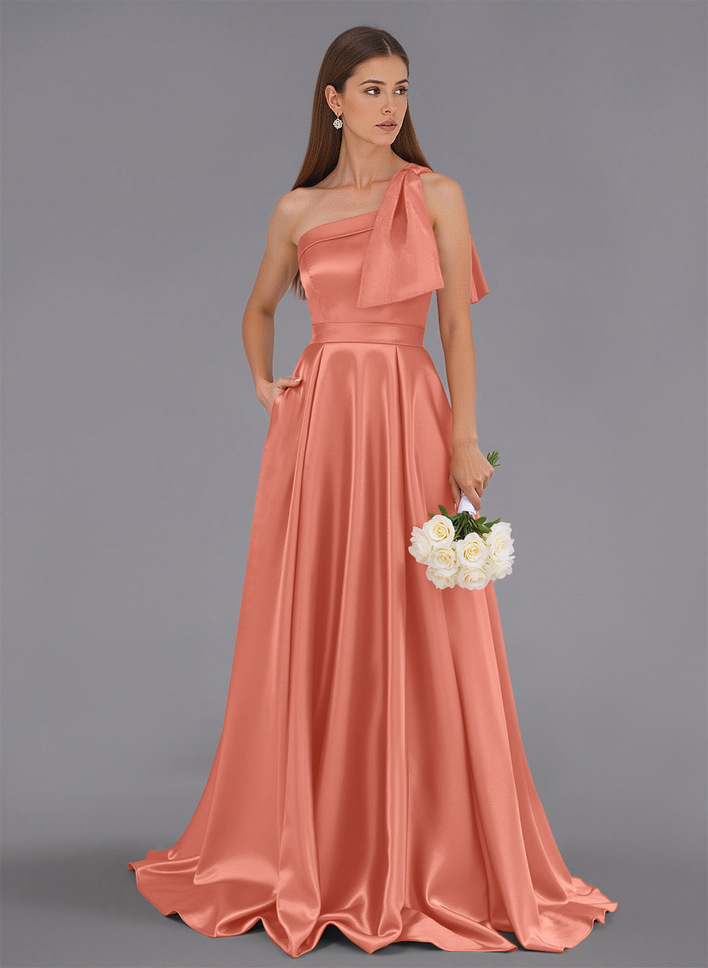 Classy Bow(s) One-Shoulder A-Line Sweep Train Satin Bridesmaid Dresses With Pockets, product image 90