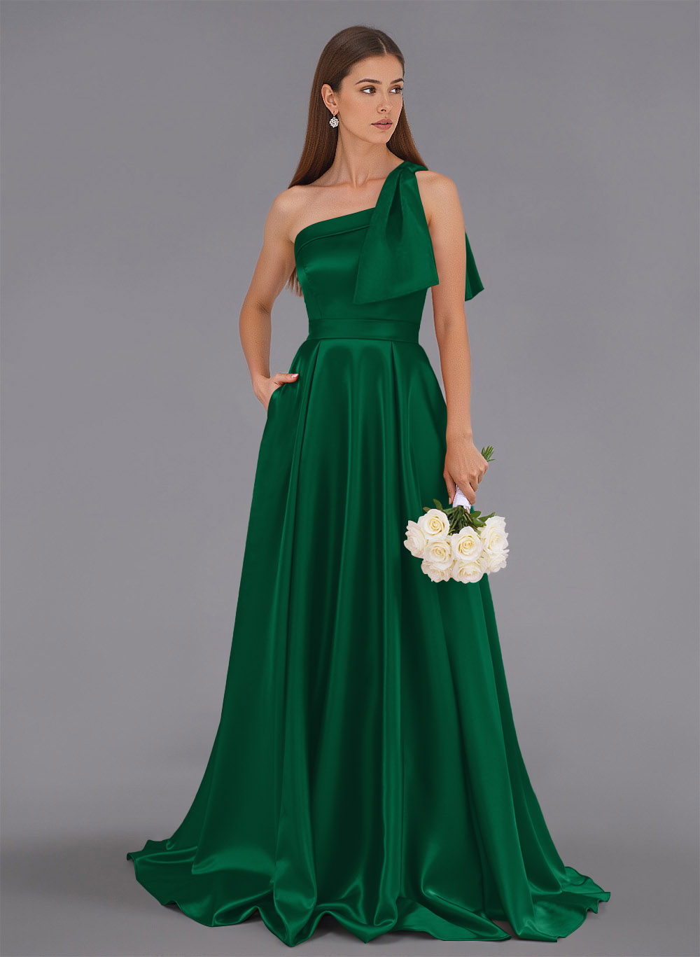 Classy Bow(s) One-Shoulder A-Line Sweep Train Satin Bridesmaid Dresses With Pockets, product image 62