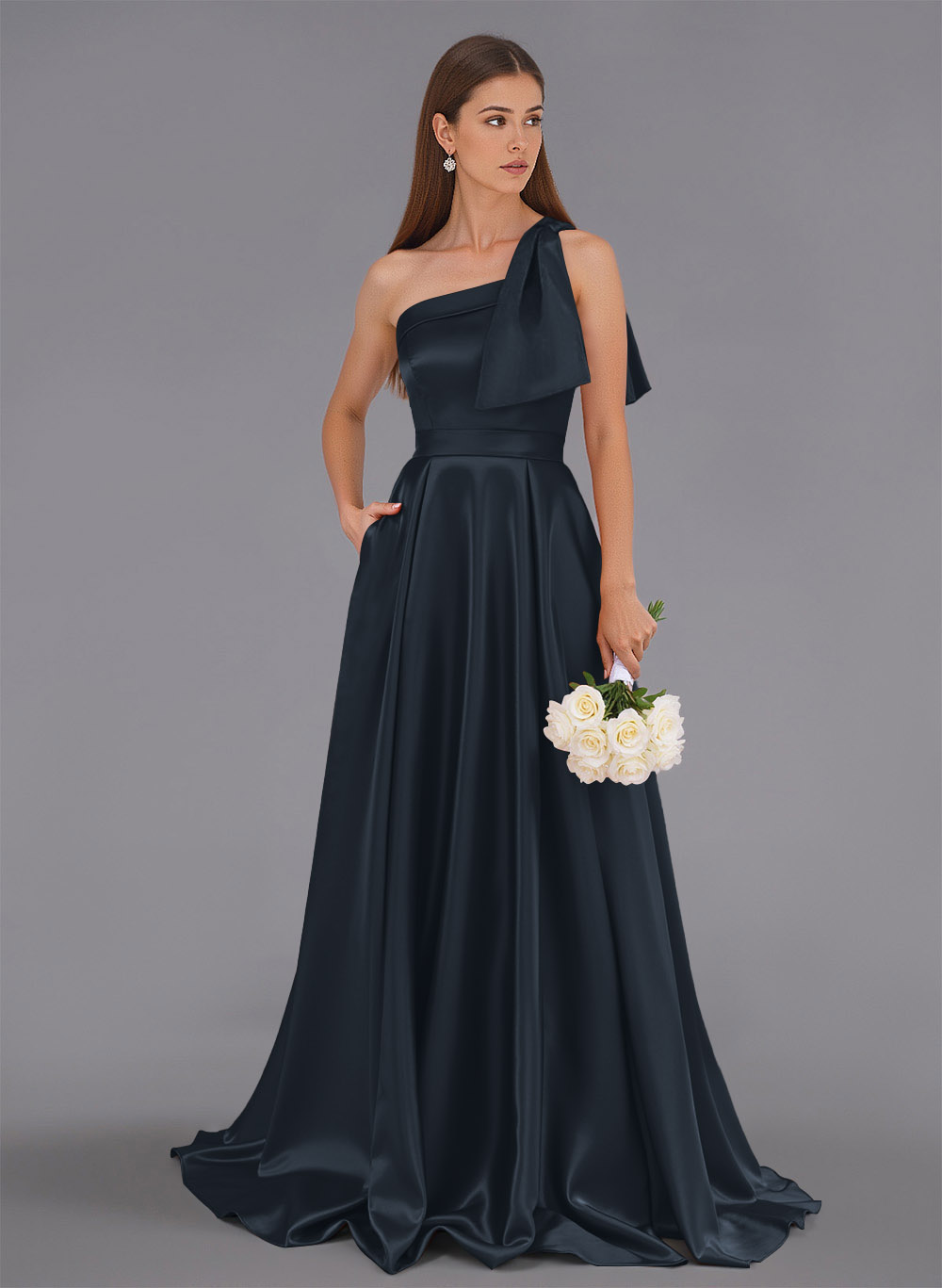 Classy Bow(s) One-Shoulder A-Line Sweep Train Satin Bridesmaid Dresses With Pockets, product image 136