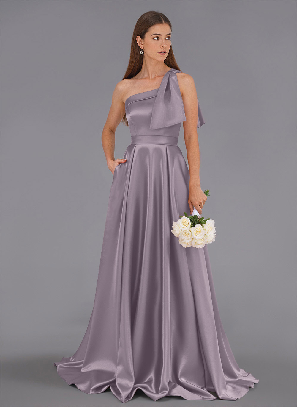 Classy Bow(s) One-Shoulder A-Line Sweep Train Satin Bridesmaid Dresses With Pockets, product image 84