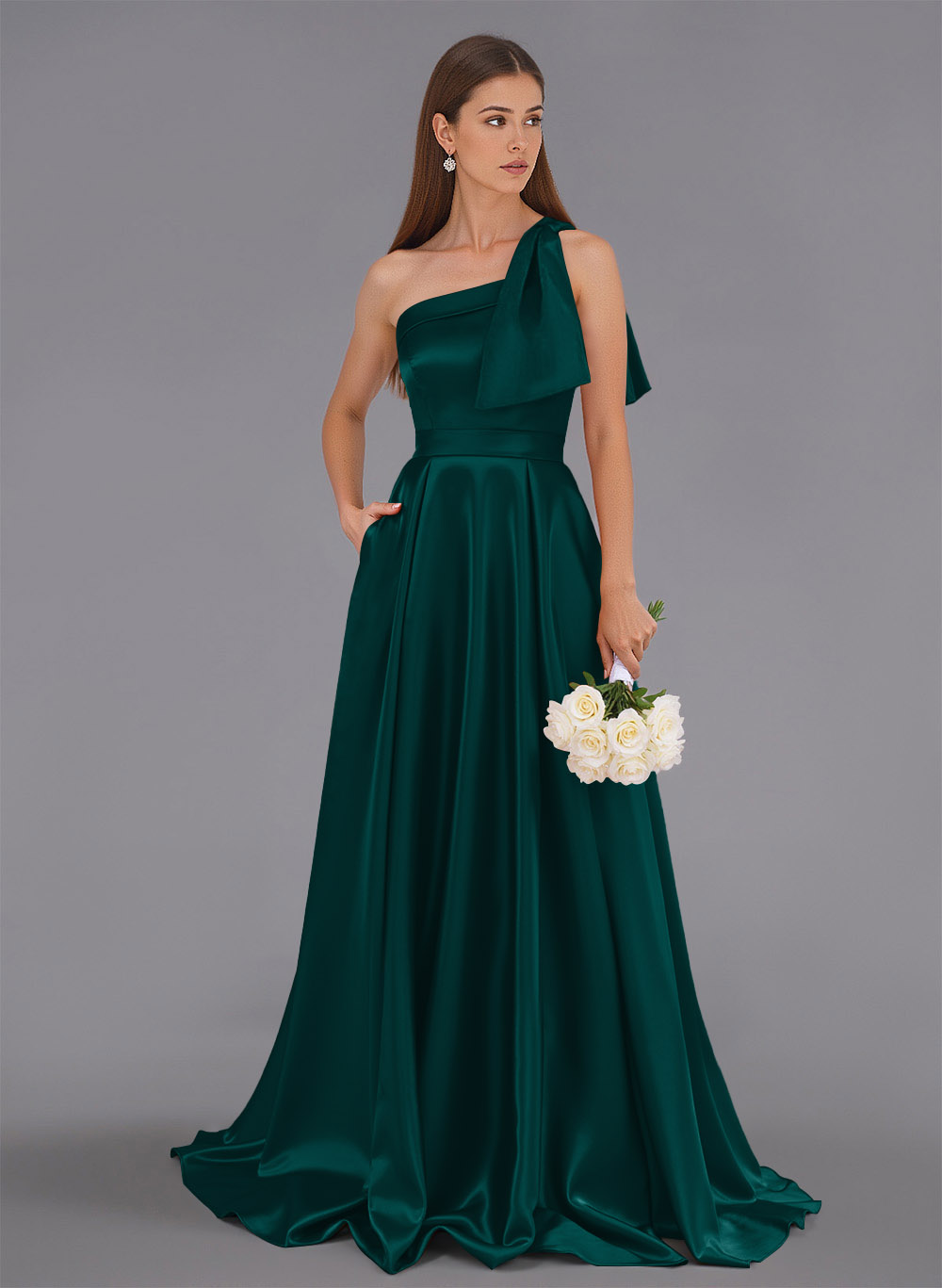 Classy Bow(s) One-Shoulder A-Line Sweep Train Satin Bridesmaid Dresses With Pockets, product image 10