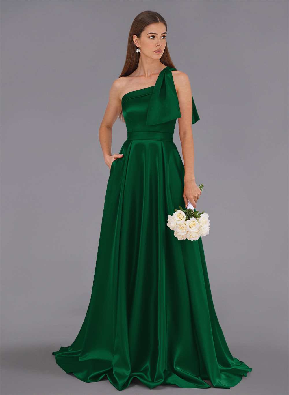 Classy Bow(s) One-Shoulder A-Line Sweep Train Satin Bridesmaid Dresses With Pockets, product image 14