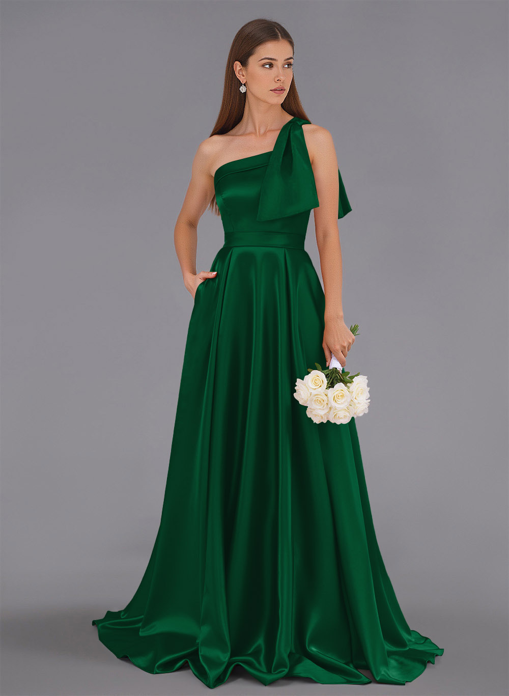 Classy Bow(s) One-Shoulder A-Line Sweep Train Satin Bridesmaid Dresses With Pockets, product image 14