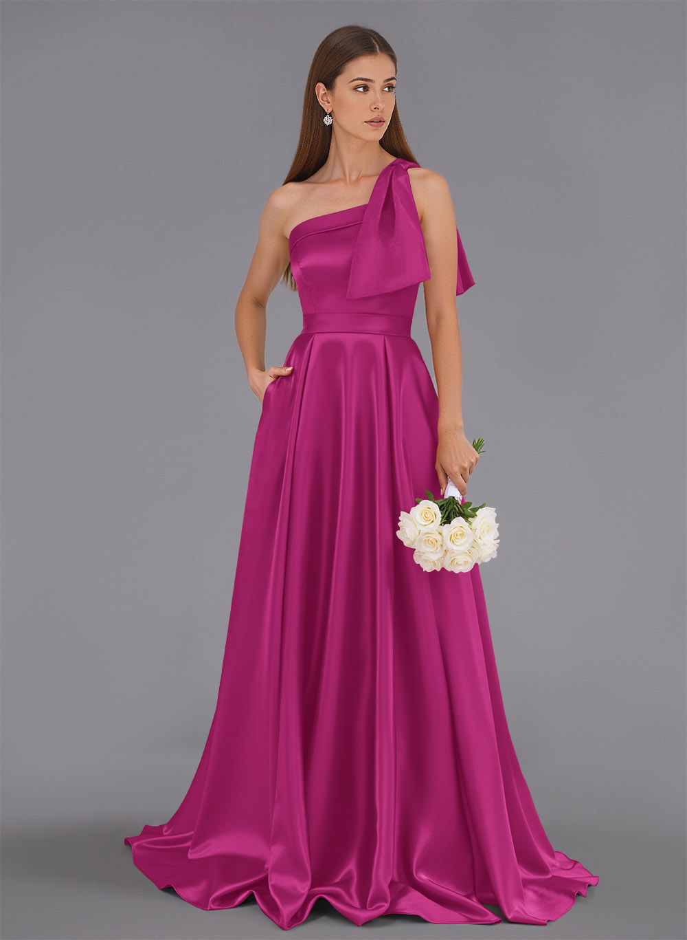 Classy Bow(s) One-Shoulder A-Line Sweep Train Satin Bridesmaid Dresses With Pockets, product image 66