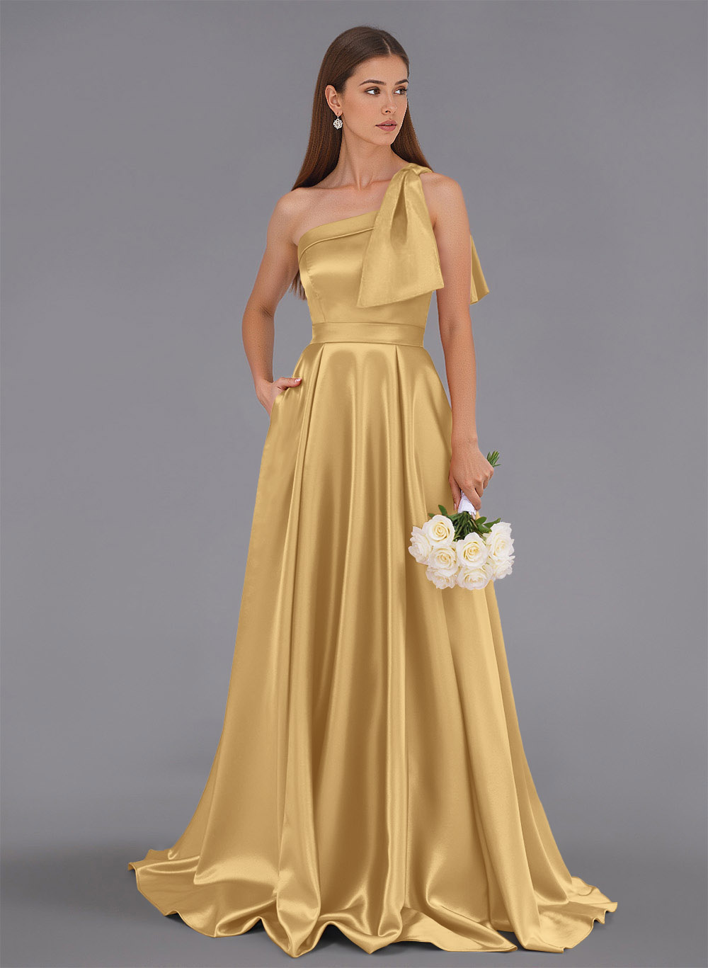 Classy Bow(s) One-Shoulder A-Line Sweep Train Satin Bridesmaid Dresses With Pockets, product image 40