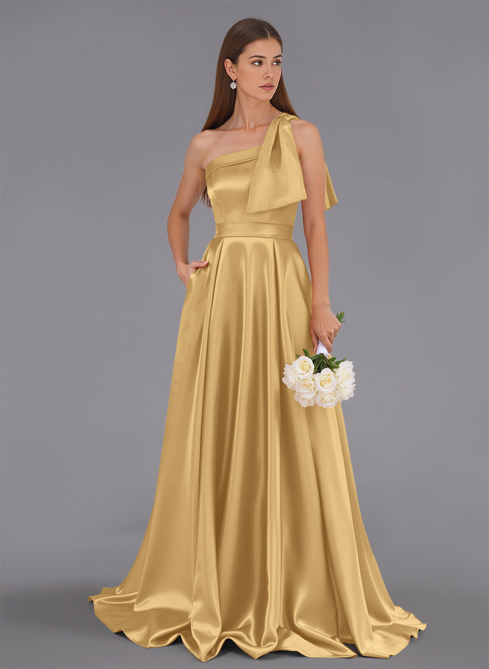 Classy Bow(s) One-Shoulder A-Line Sweep Train Satin Bridesmaid Dresses With Pockets, product image 40