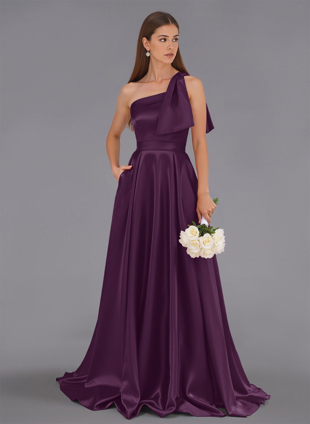 Classy Bow(s) One-Shoulder A-Line Sweep Train Satin Bridesmaid Dresses With Pockets, product image 70