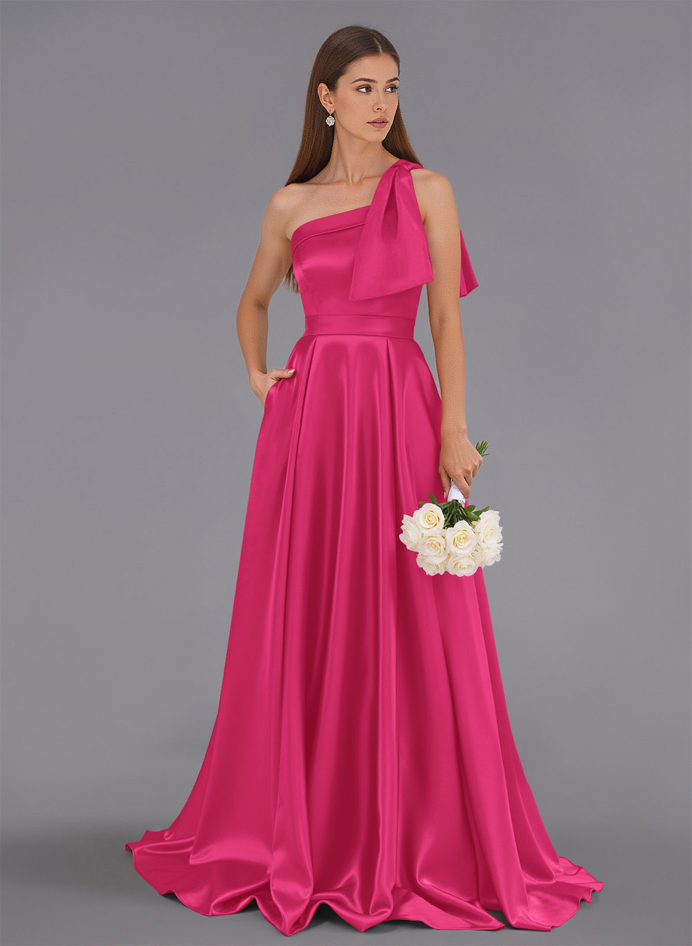 Classy Bow(s) One-Shoulder A-Line Sweep Train Satin Bridesmaid Dresses With Pockets, product image 22