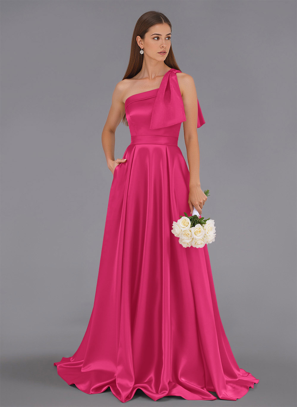 Classy Bow(s) One-Shoulder A-Line Sweep Train Satin Bridesmaid Dresses With Pockets, product image 22