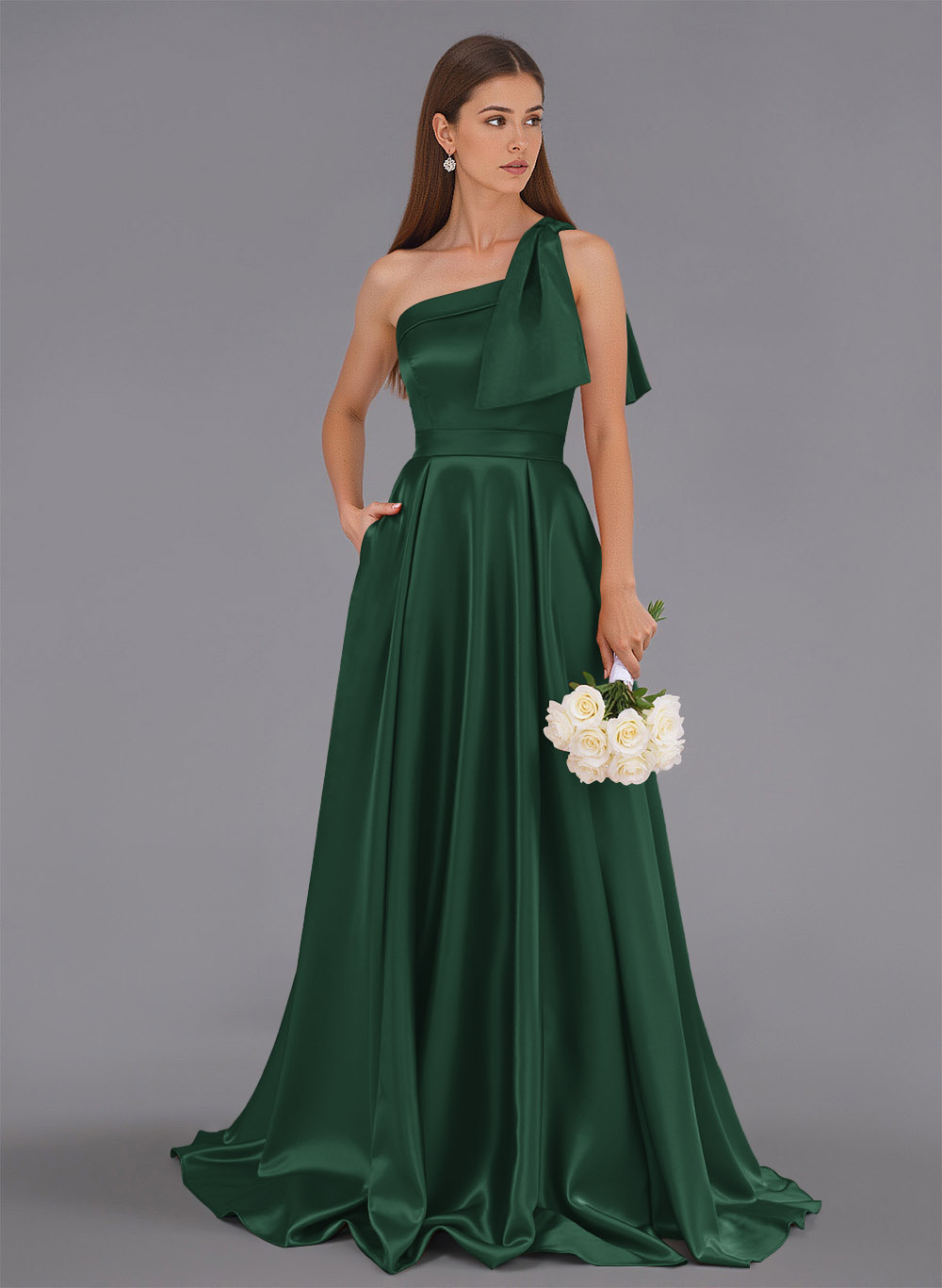Classy Bow(s) One-Shoulder A-Line Sweep Train Satin Bridesmaid Dresses With Pockets, product image 60