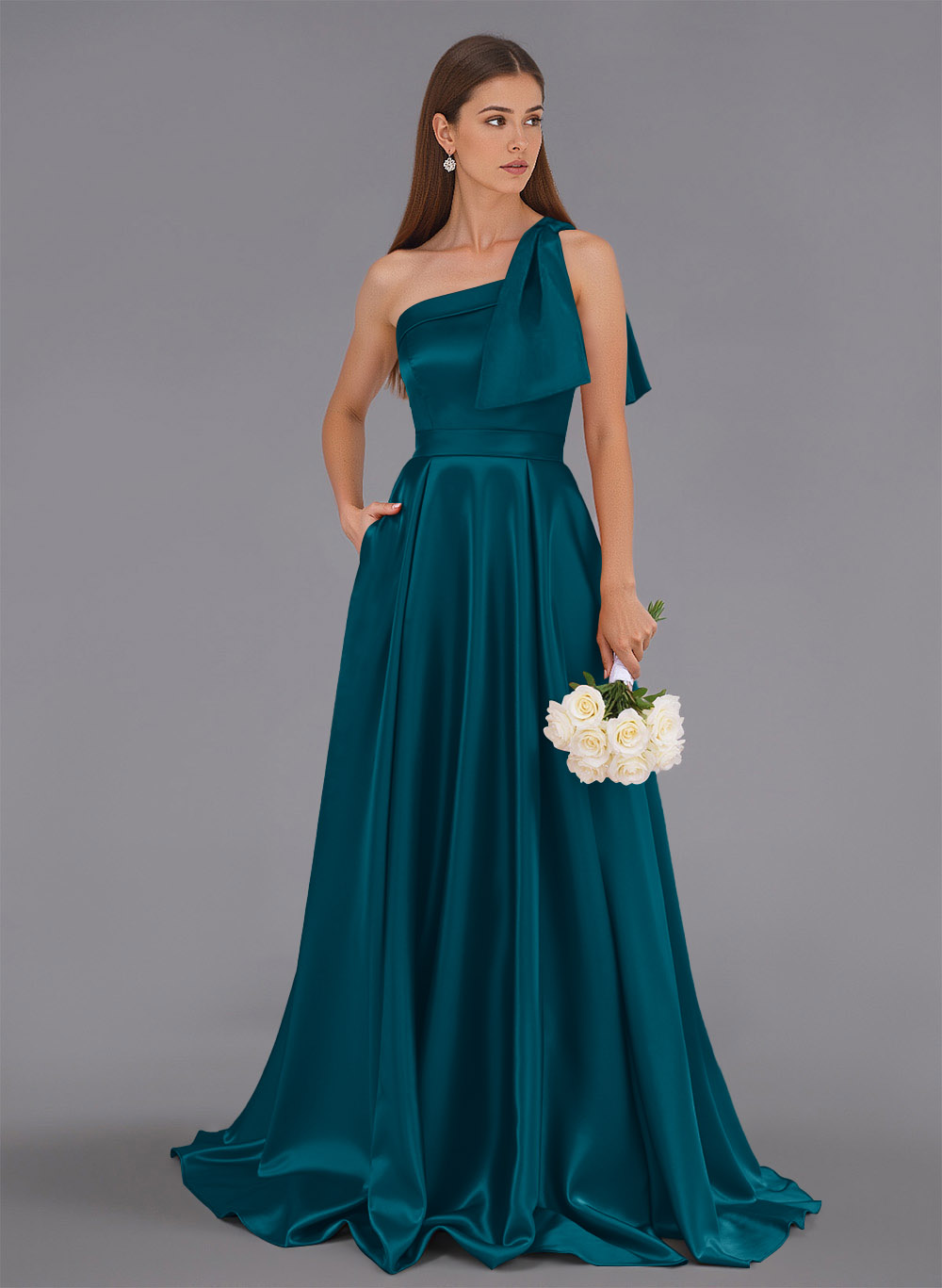Classy Bow(s) One-Shoulder A-Line Sweep Train Satin Bridesmaid Dresses With Pockets, product image 126