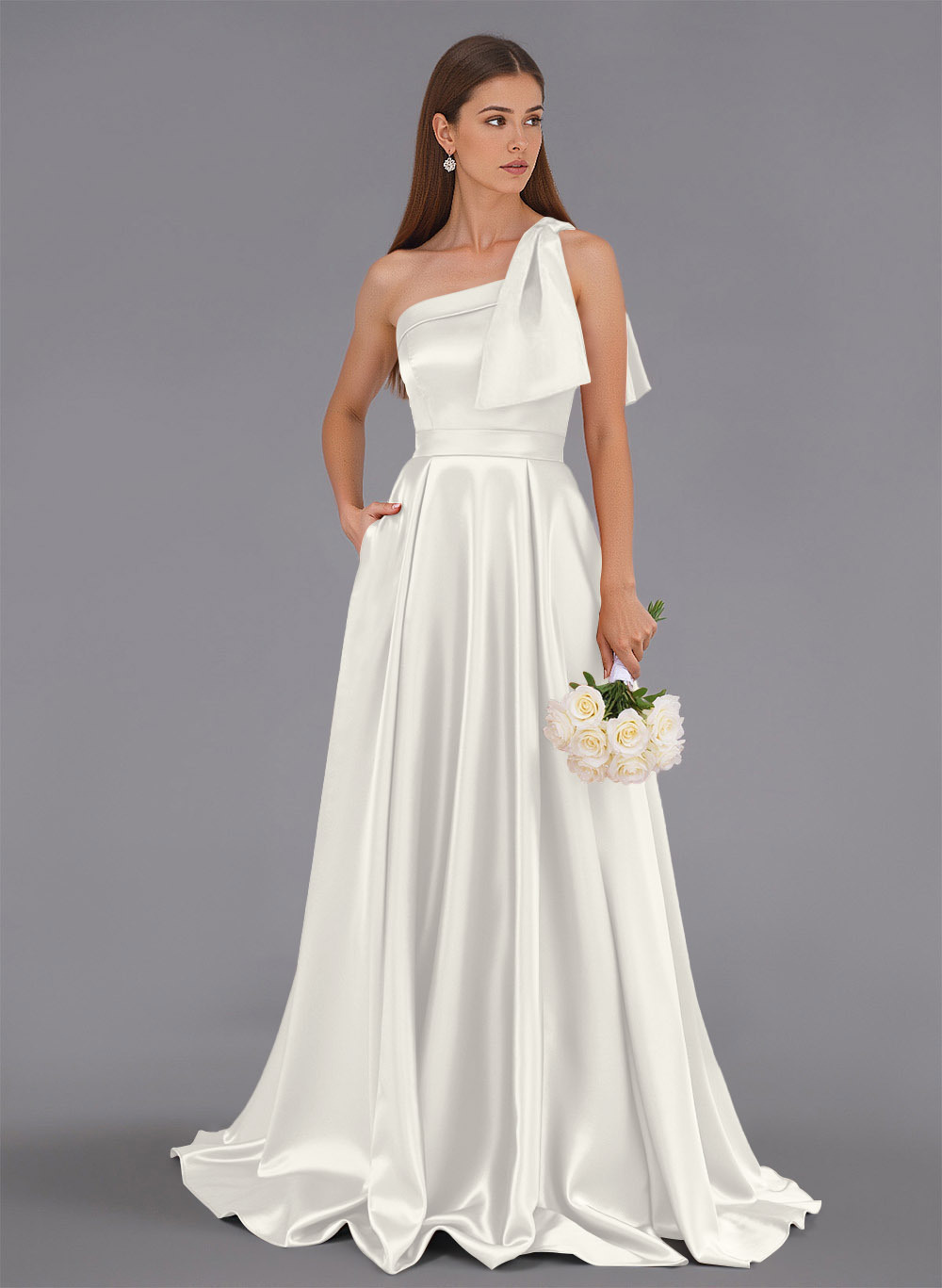 Classy Bow(s) One-Shoulder A-Line Sweep Train Satin Bridesmaid Dresses With Pockets, product image 32