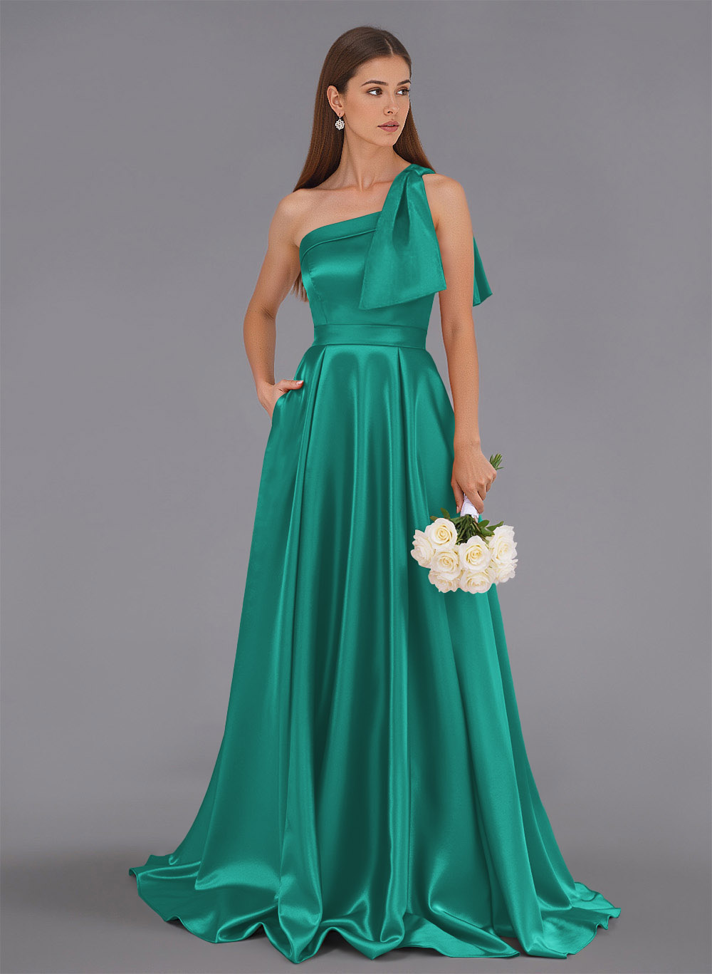 Classy Bow(s) One-Shoulder A-Line Sweep Train Satin Bridesmaid Dresses With Pockets, product image 56