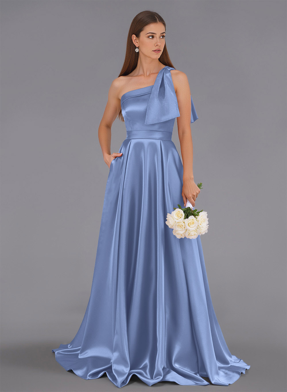 Classy Bow(s) One-Shoulder A-Line Sweep Train Satin Bridesmaid Dresses With Pockets, product image 118