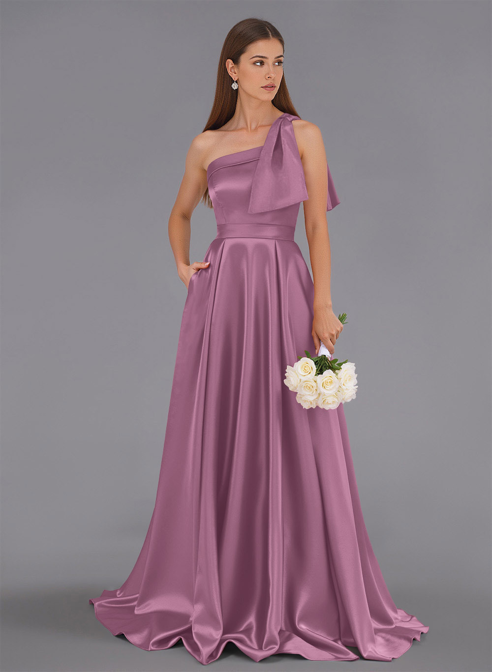 Classy Bow(s) One-Shoulder A-Line Sweep Train Satin Bridesmaid Dresses With Pockets, product image 78