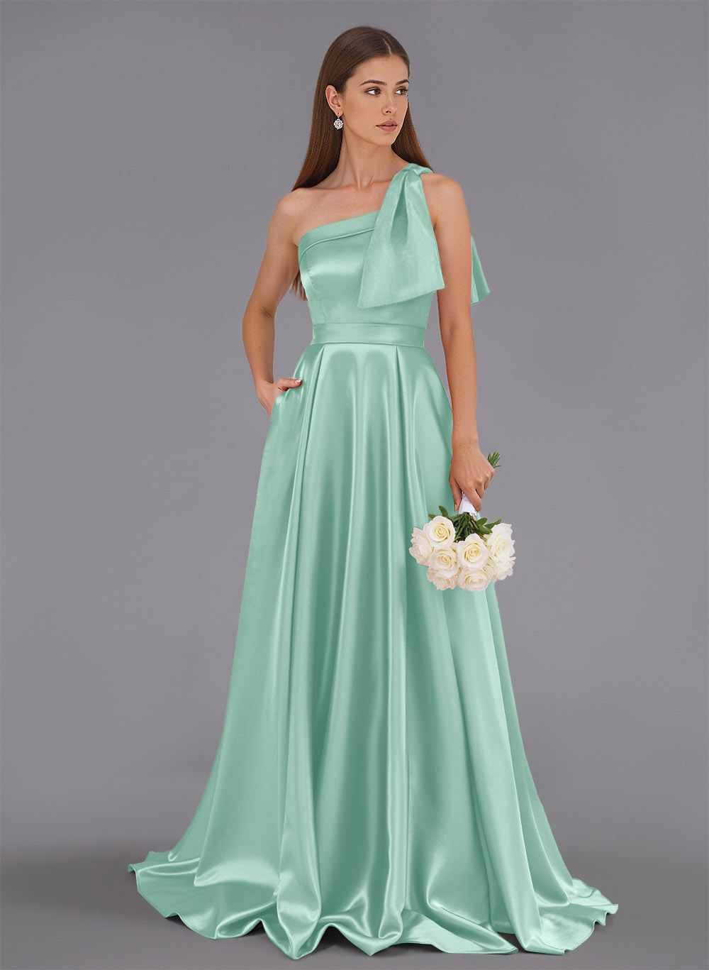 Classy Bow(s) One-Shoulder A-Line Sweep Train Satin Bridesmaid Dresses With Pockets, product image 50