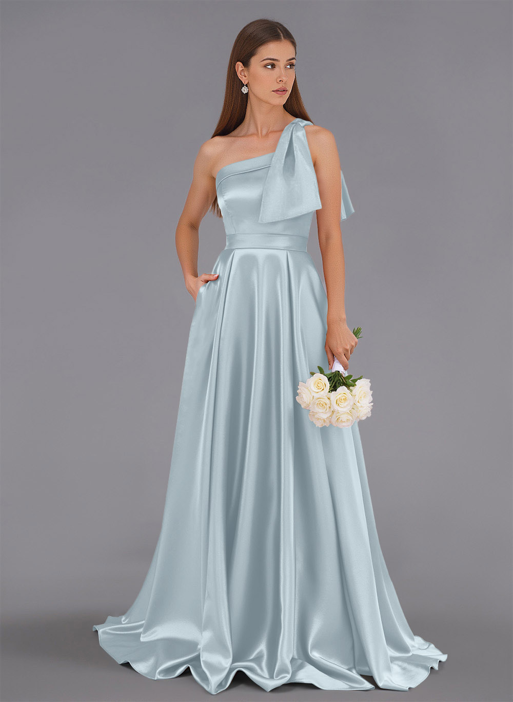 Classy Bow(s) One-Shoulder A-Line Sweep Train Satin Bridesmaid Dresses With Pockets, product image 114