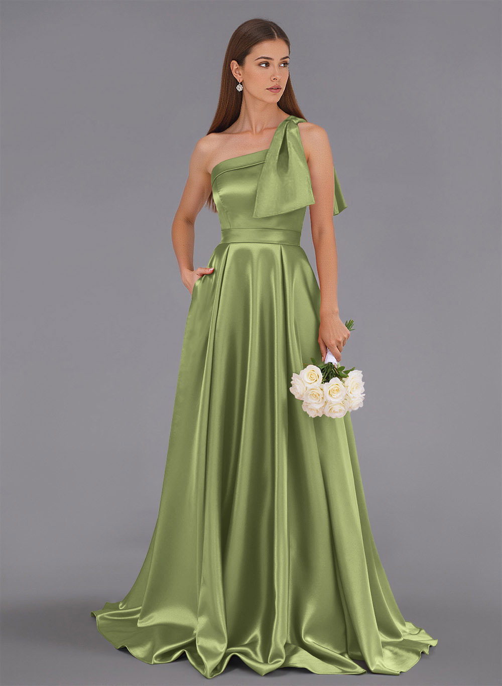 Classy Bow(s) One-Shoulder A-Line Sweep Train Satin Bridesmaid Dresses With Pockets, product image 8