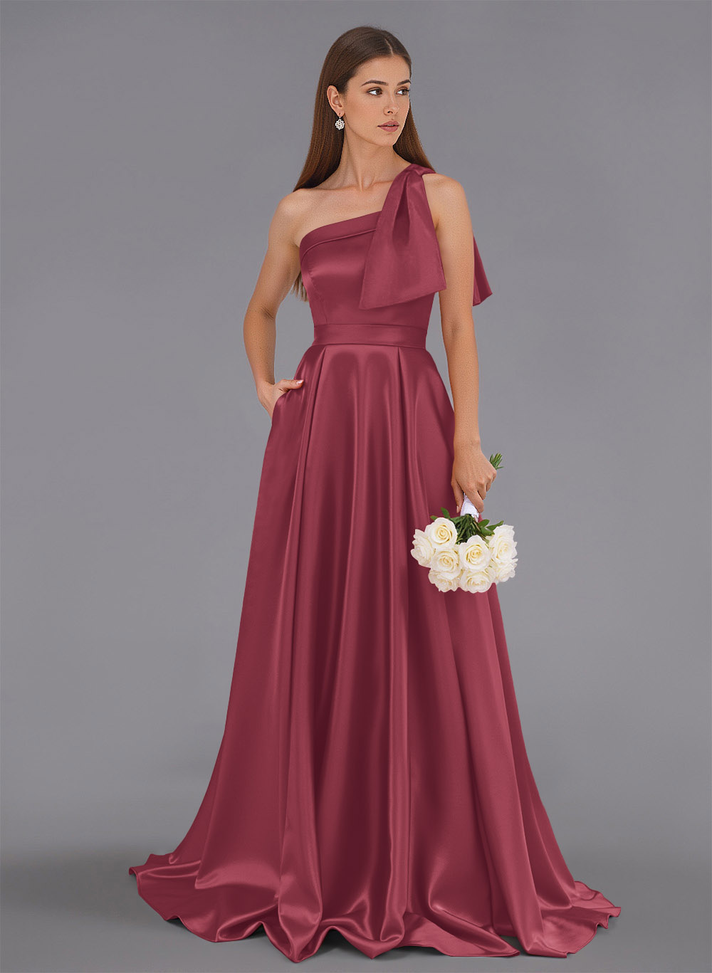 Classy Bow(s) One-Shoulder A-Line Sweep Train Satin Bridesmaid Dresses With Pockets, product image 106