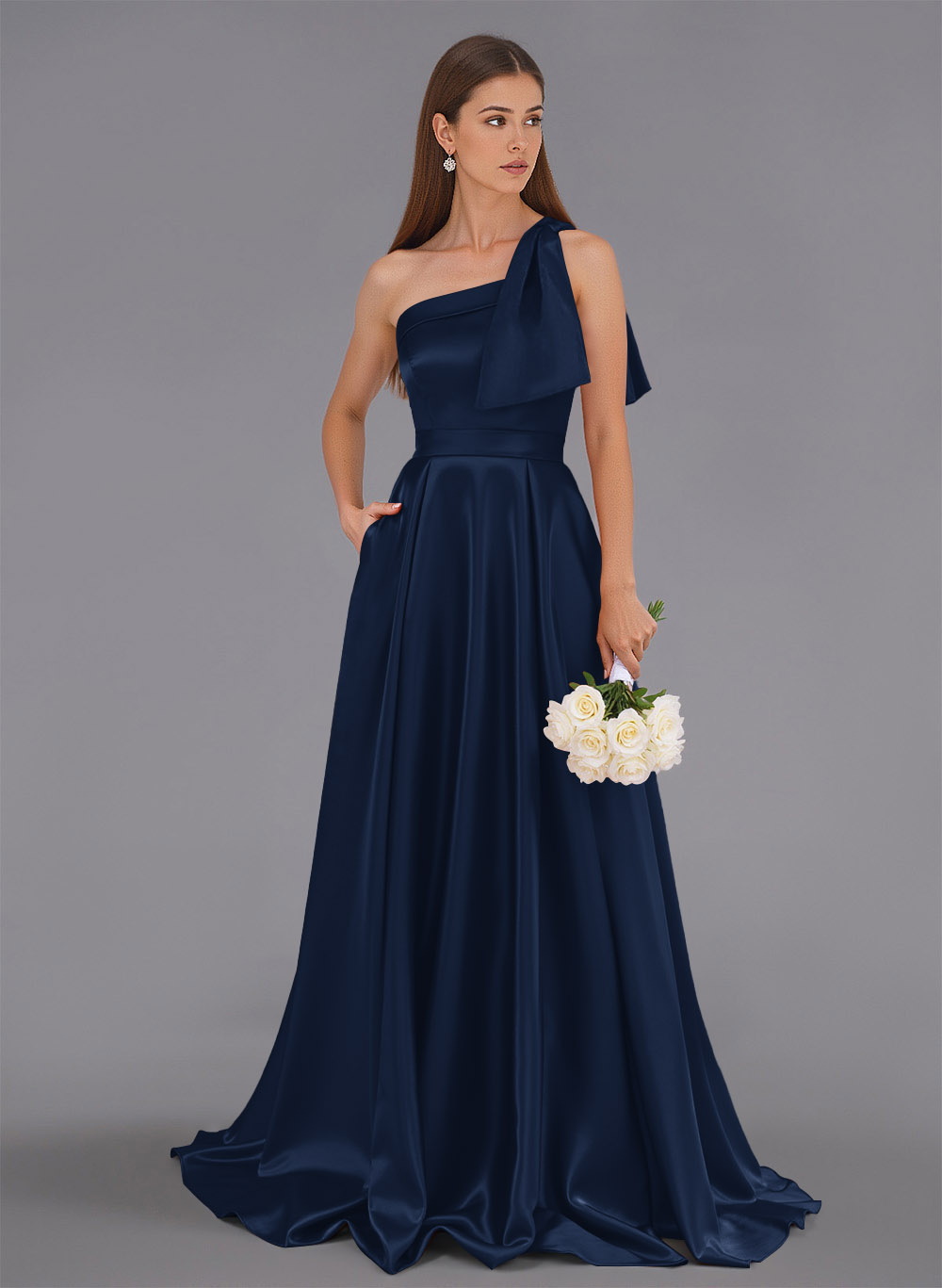 Classy Bow(s) One-Shoulder A-Line Sweep Train Satin Bridesmaid Dresses With Pockets, product image 134