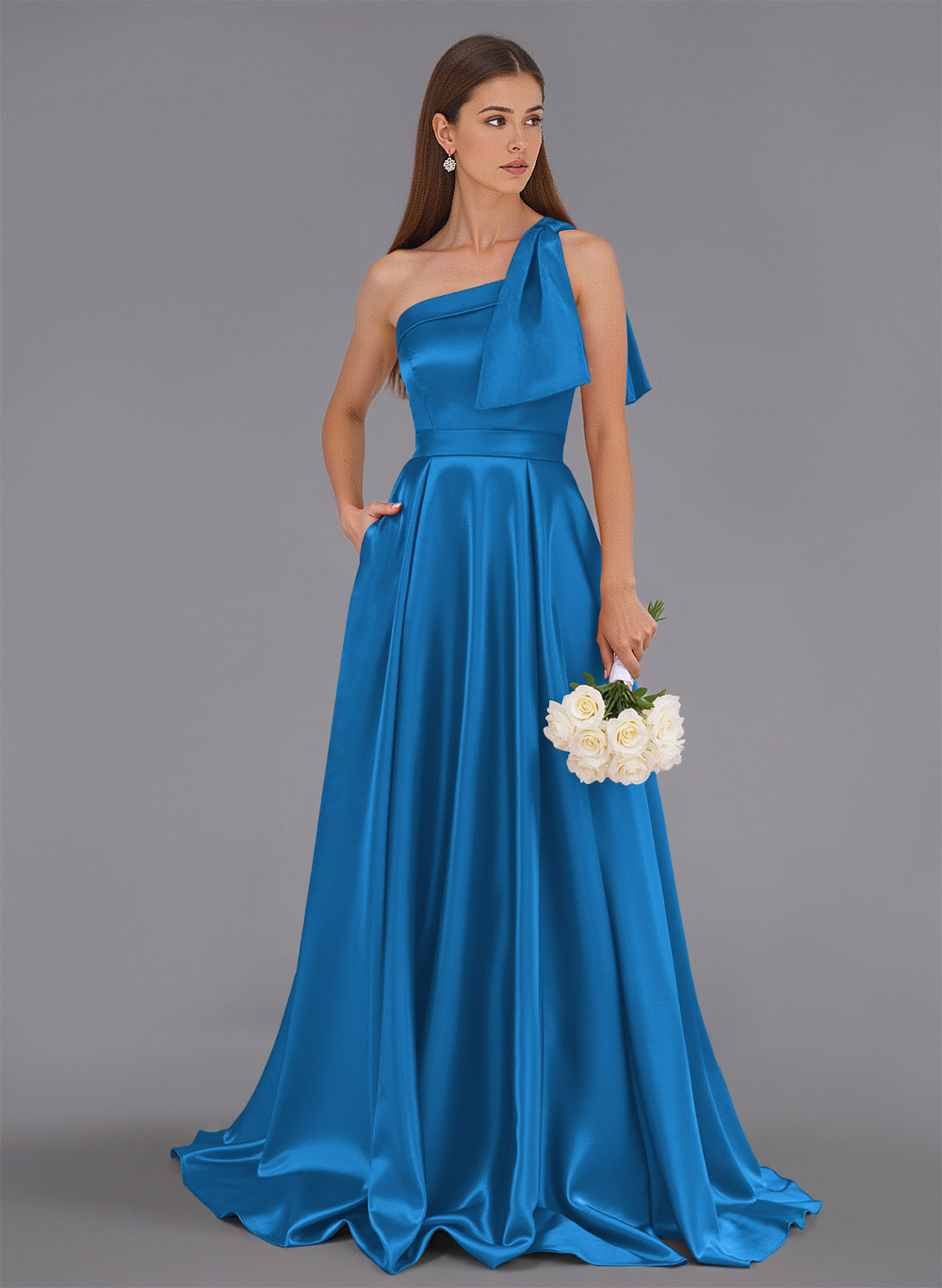Classy Bow(s) One-Shoulder A-Line Sweep Train Satin Bridesmaid Dresses With Pockets, product image 122