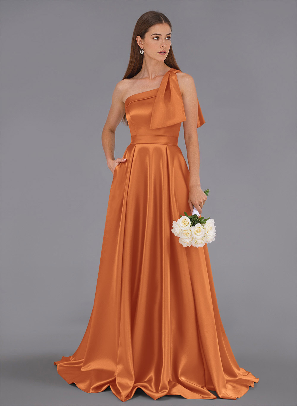 Classy Bow(s) One-Shoulder A-Line Sweep Train Satin Bridesmaid Dresses With Pockets, product image 38