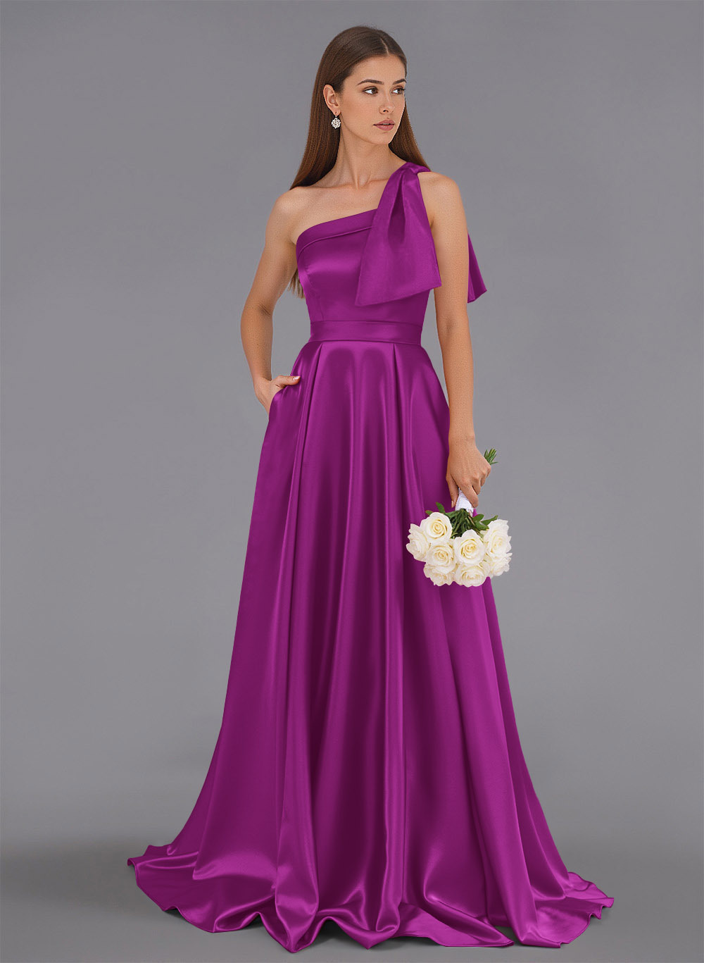 Classy Bow(s) One-Shoulder A-Line Sweep Train Satin Bridesmaid Dresses With Pockets, product image 68
