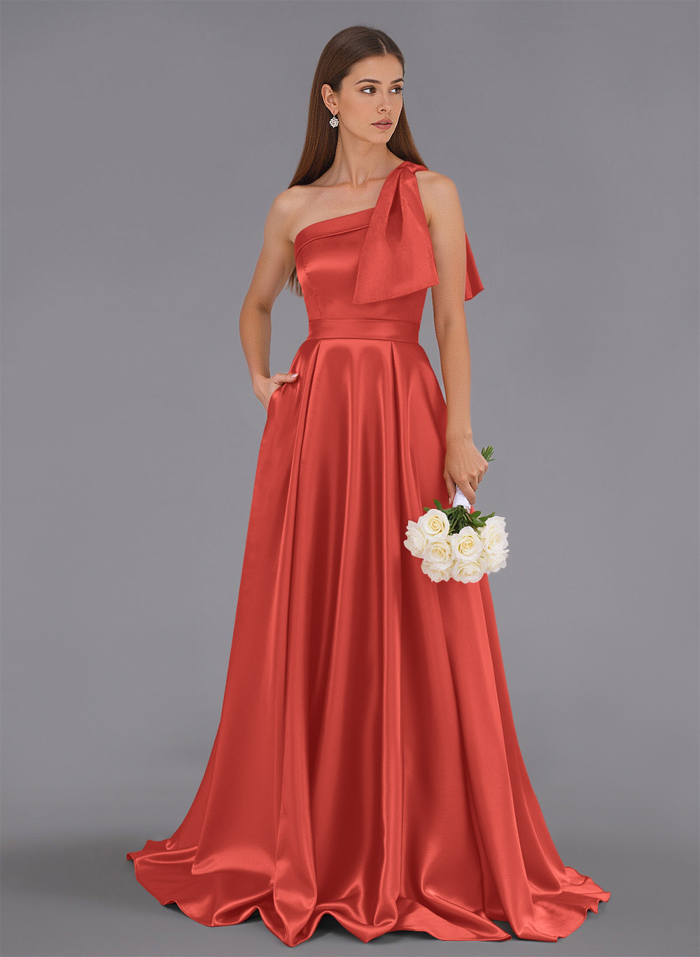 Classy Bow(s) One-Shoulder A-Line Sweep Train Satin Bridesmaid Dresses With Pockets, product image 36