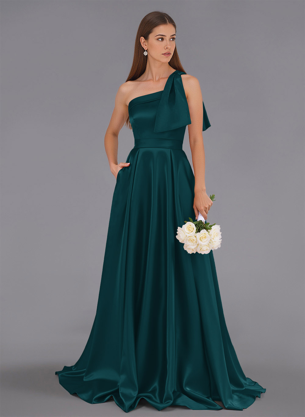 Classy Bow(s) One-Shoulder A-Line Sweep Train Satin Bridesmaid Dresses With Pockets, product image 58