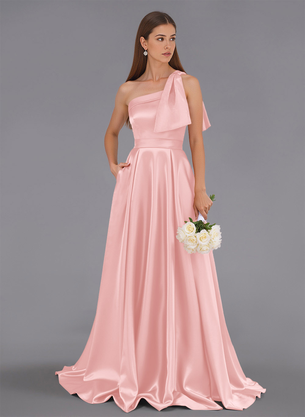 Classy Bow(s) One-Shoulder A-Line Sweep Train Satin Bridesmaid Dresses With Pockets, product image 92