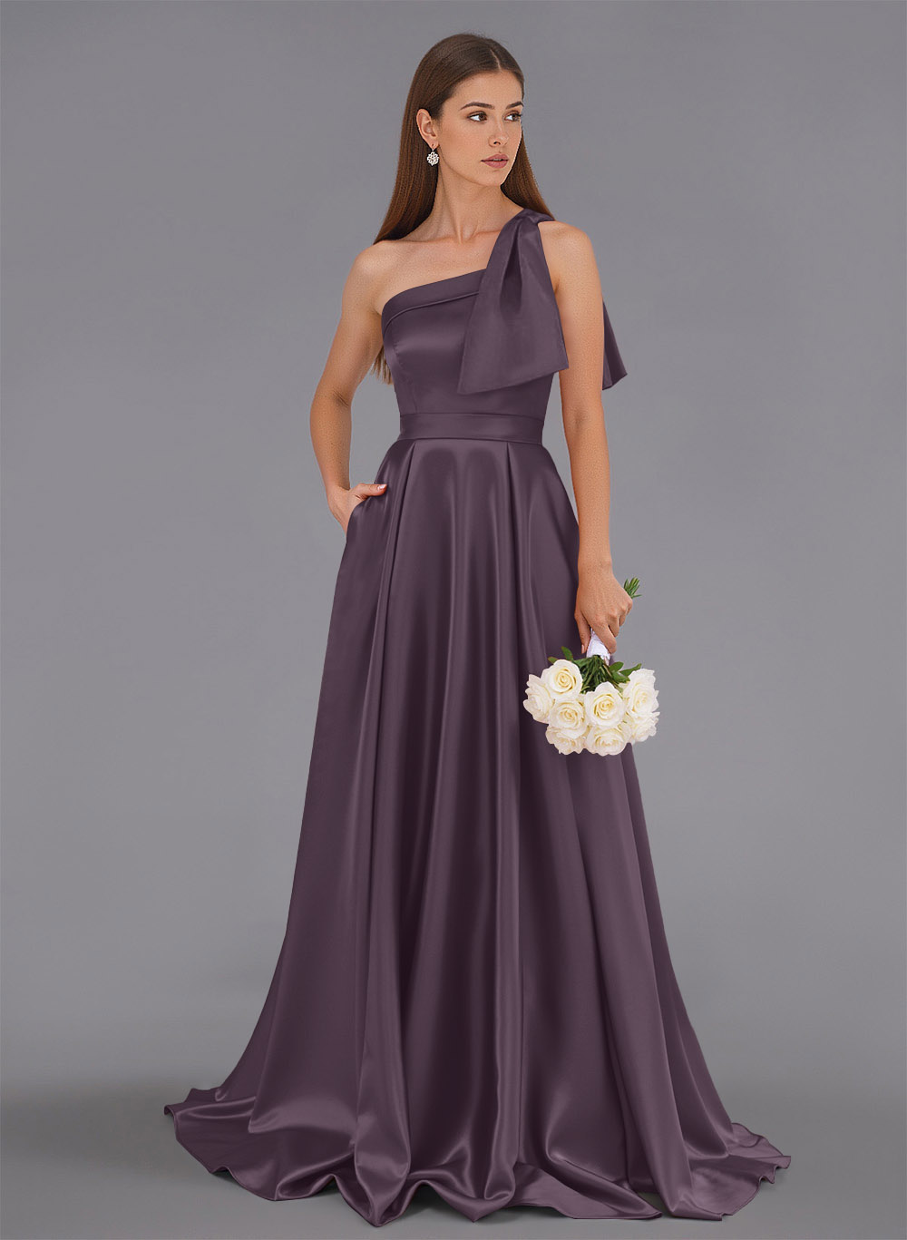 Classy Bow(s) One-Shoulder A-Line Sweep Train Satin Bridesmaid Dresses With Pockets, product image 20