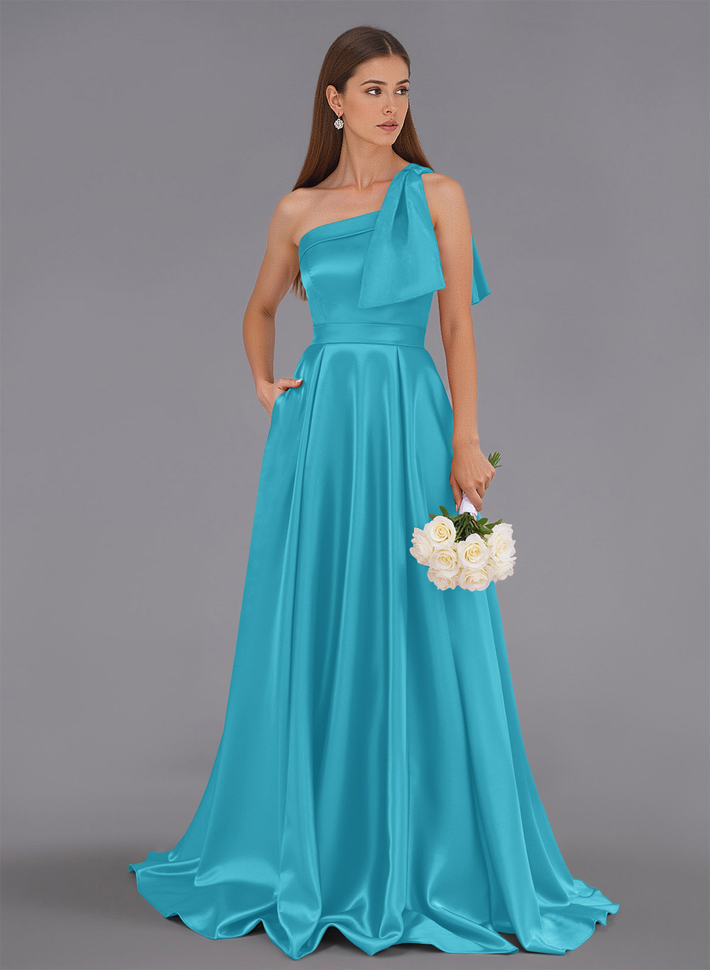 Classy Bow(s) One-Shoulder A-Line Sweep Train Satin Bridesmaid Dresses With Pockets, product image 120