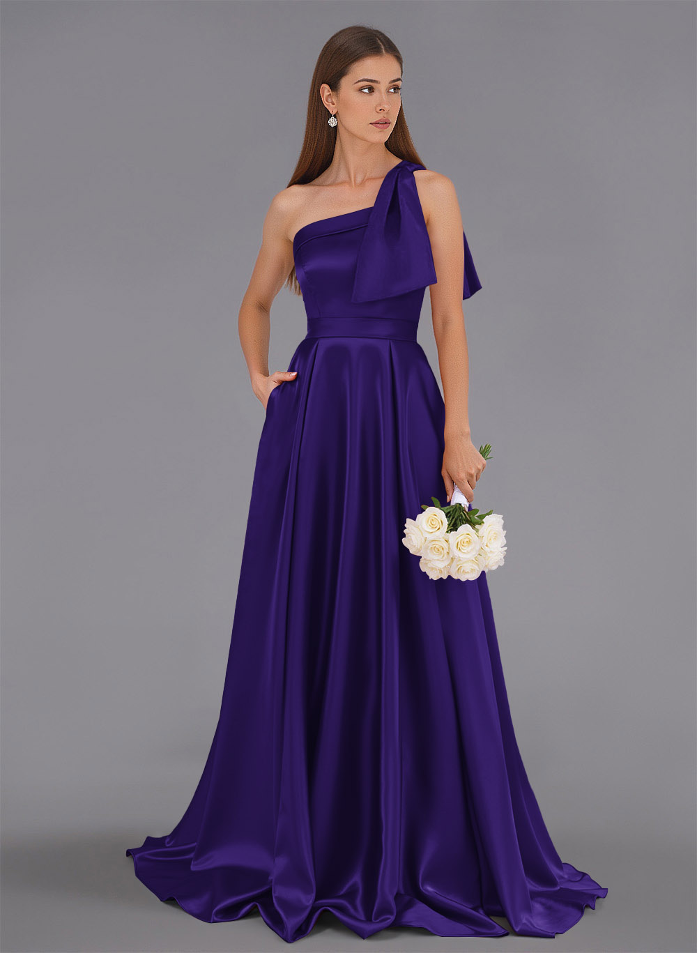 Classy Bow(s) One-Shoulder A-Line Sweep Train Satin Bridesmaid Dresses With Pockets, product image 64