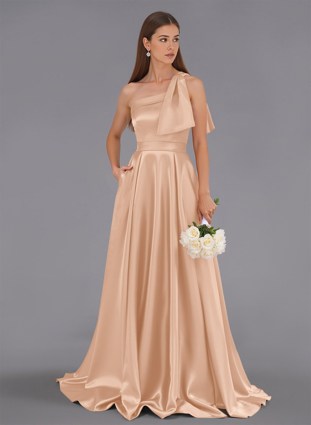 Classy Bow(s) One-Shoulder A-Line Sweep Train Satin Bridesmaid Dresses With Pockets, product image 12